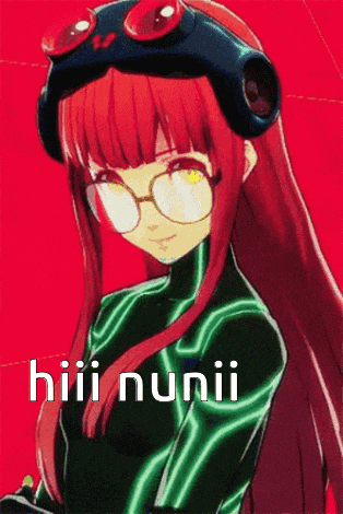a girl with red hair is wearing glasses and a helmet and says hiii nunii on the bottom