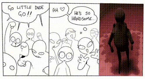 a comic strip shows a group of people saying go little dude go and ah he 's so handsome