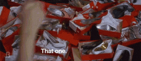 a woman is standing in a pile of shoes with the words that one on the bottom