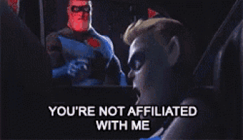 a cartoon character is sitting in a car with the words `` you 're not affiliated with me ''