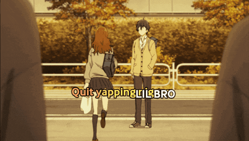 a cartoon of a boy and a girl standing next to each other with the words " quityappinglilbro " on the bottom