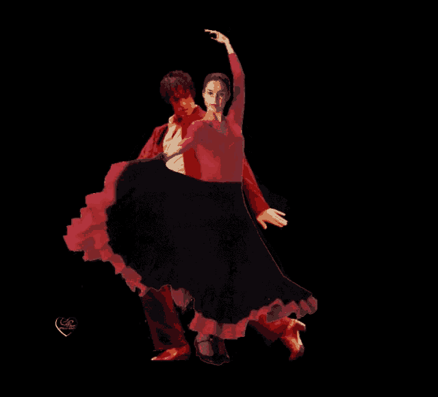 a man in a red suit is dancing with a woman in a red skirt