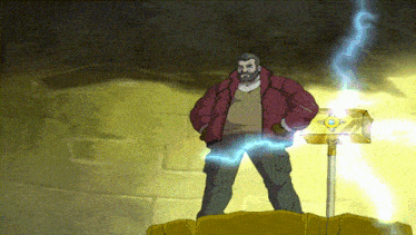 a man in a red jacket is standing next to a treasure chest with lightning coming out of it