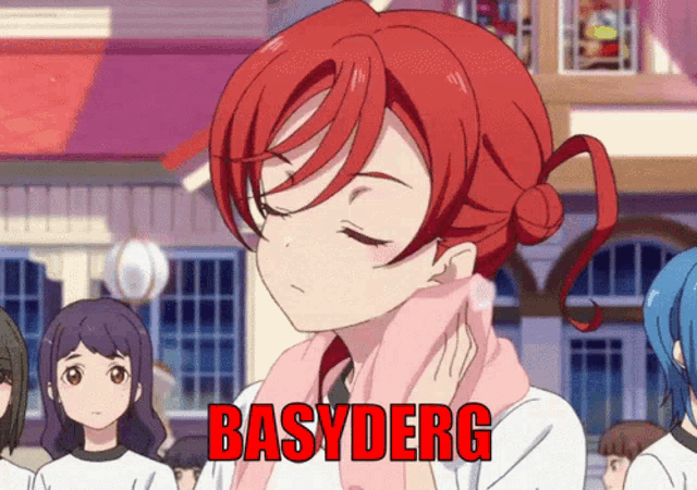 a girl with red hair and the word basyderg on the bottom