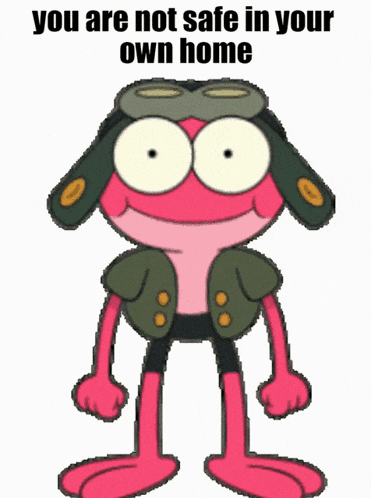 a cartoon frog with the words " you are not safe in your own home " on it