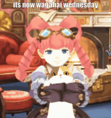 a girl with pink hair is holding a cat in her arms and says it 's now wagahai wednesday