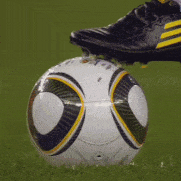 a close up of a soccer ball with a person 's foot on top of it