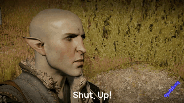 a video game character says shut up in front of a rock