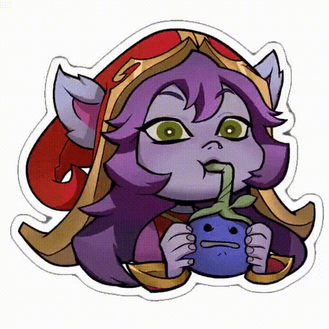 a cartoon character with purple hair and green eyes is drinking from a blue cup