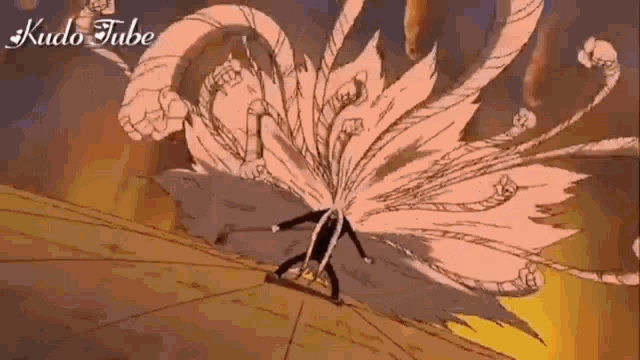 a cartoon character is standing in front of a fire and the words kudo tube are on the bottom of the screen .