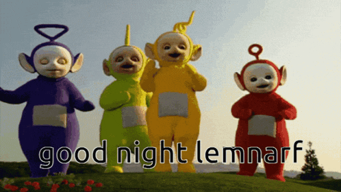 a group of teletubbies standing in a field with the words " good night lennarf " written below them