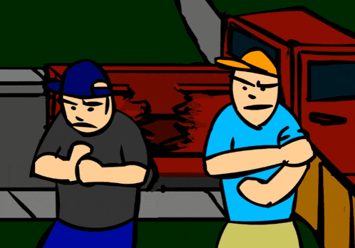 two men standing next to each other with their arms crossed in front of a red truck