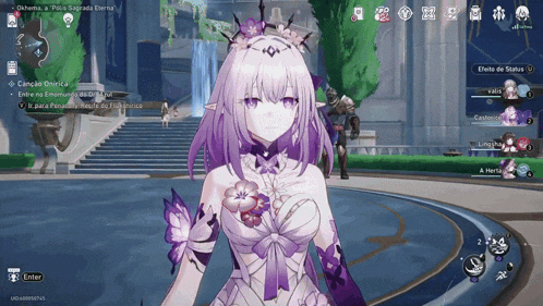 a screenshot of a video game shows a girl with purple hair and flowers on her head