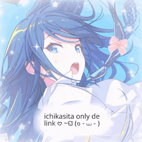 a picture of a girl with blue hair and the words " ichikasita only de link " on the bottom