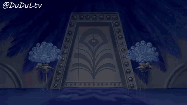 a cartoon of a girl standing in a doorway with the words @dudultv written on the bottom