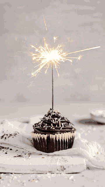 a birthday cupcake with a sparkler on top of it