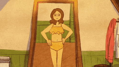 a cartoon drawing of a woman in a bikini looking at herself in a mirror