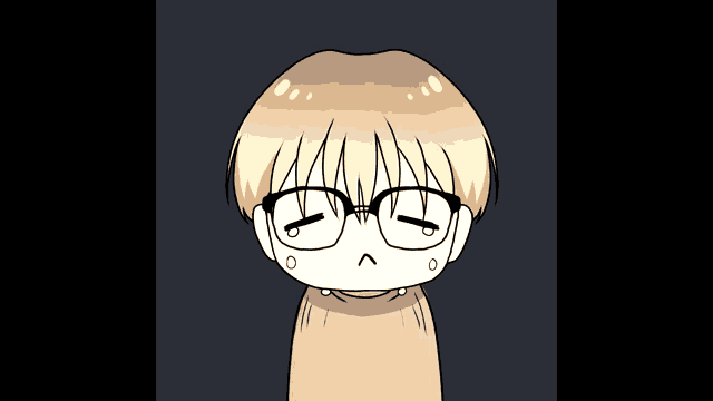 a cartoon drawing of a boy wearing glasses with a sad look on his face