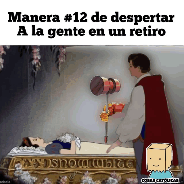 a cartoon of snow white laying in a coffin with the words manera # 12 de despertar a la gente en un retiro above her