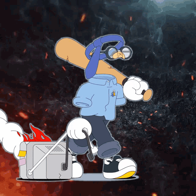 a cartoon character holding a radio and a snowboard
