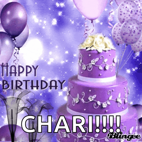 a birthday card for chari with a purple cake