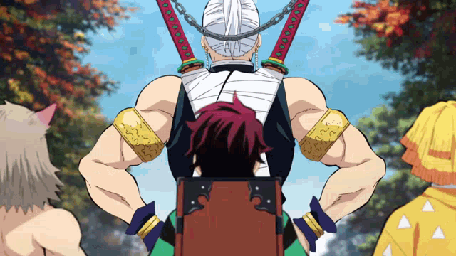 a man with two swords on his head stands in front of a group of people