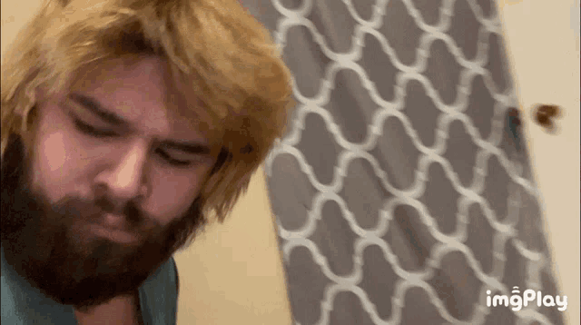 a man with blonde hair and a beard is standing in front of a curtain that says imgplay on the bottom right