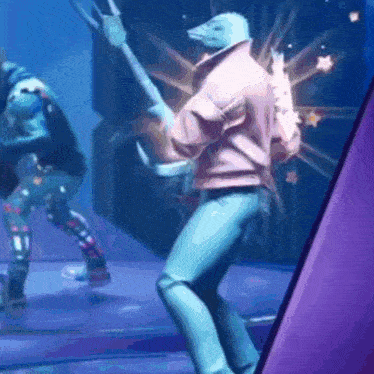 a man in a pink jacket is dancing on a stage with a purple background