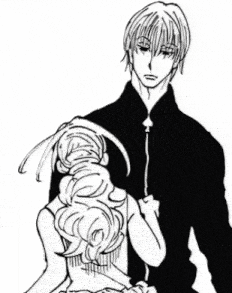 a black and white drawing of a man standing next to a woman sitting on a chair in a room .
