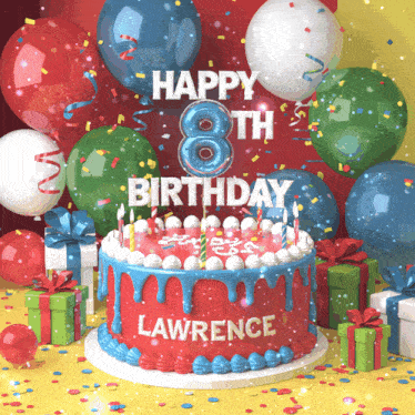 a birthday cake with the name lawrence on it is surrounded by balloons and presents