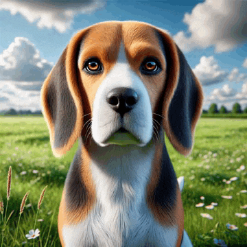 a beagle dog is sitting in a field of grass and looking at the camera
