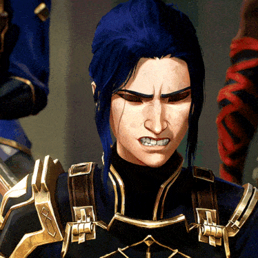a close up of a cartoon character with blue hair making a angry face