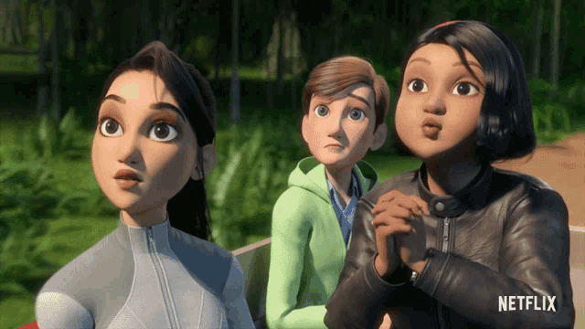 three cartoon characters are standing next to each other with netflix written on the bottom
