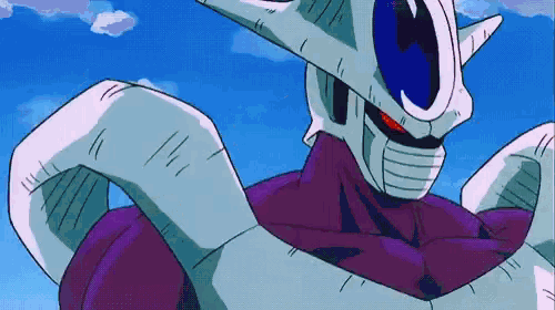 a cartoon character from dragon ball z is standing in front of a blue sky with a purple body .