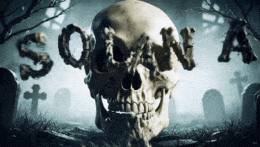 a skull in a cemetery with the word sona written on it
