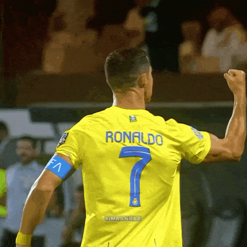 a soccer player wearing a yellow jersey with the name ronaldo on the back