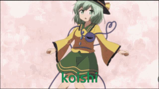 a picture of a girl with green hair and the name koishi on the bottom