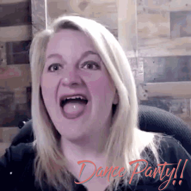 a woman is making a funny face with the words dance party behind her