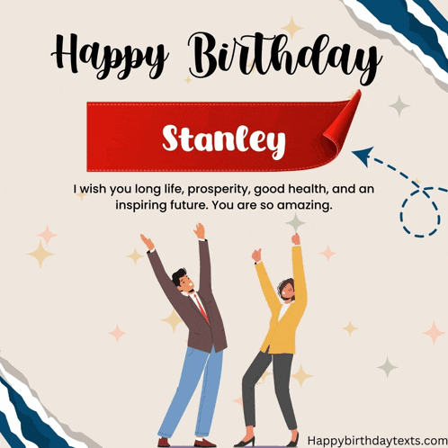 a happy birthday stanley greeting card with a red ribbon