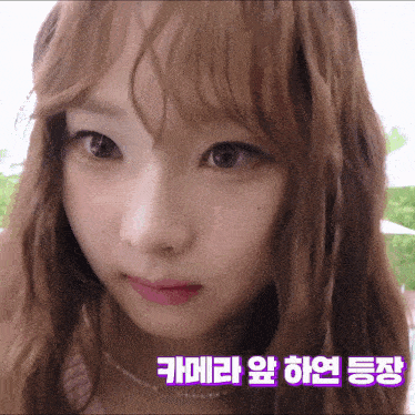 a close up of a girl 's face with korean writing on the bottom right