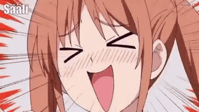 a close up of a girl making a funny face with her eyes closed and the word saali in the background .