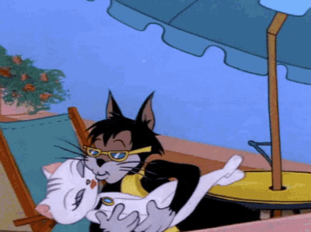 a cartoon cat is holding a white cat in his arms