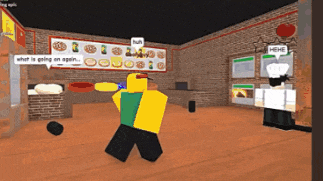 a cartoon character in a restaurant with a speech bubble saying what is going on again