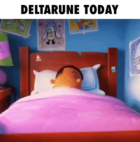a cartoon character is sleeping in a bed with a pink comforter .