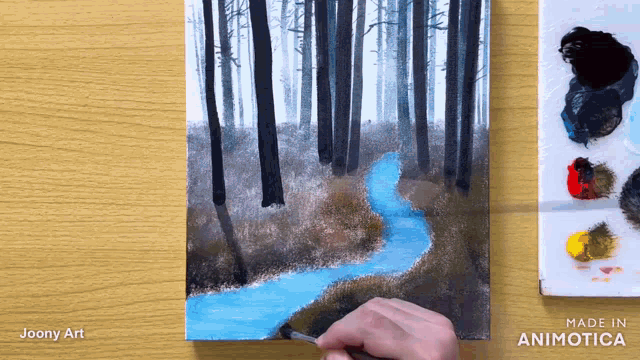 a painting of a river in the woods is being made by joony art