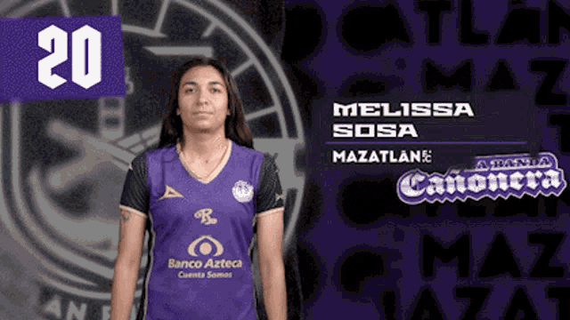 a woman is wearing a purple shirt with the number 20 on it