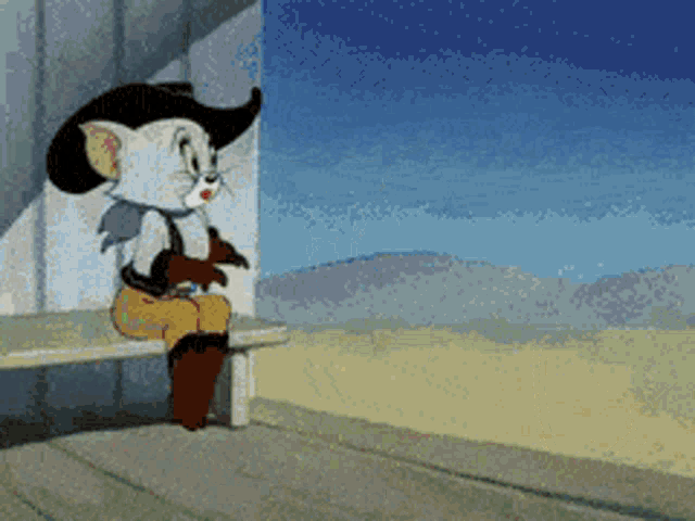 a cartoon character is sitting on a bench wearing a cowboy hat