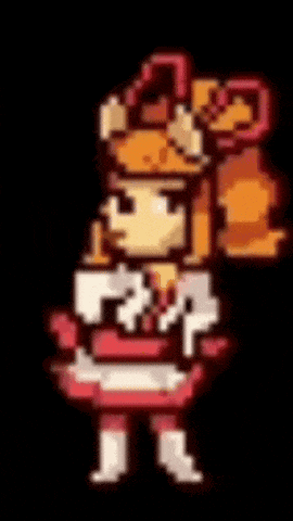 a pixel art of a girl in a red dress and hat