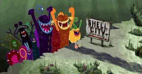 a cartoon scene with a sign that says shell city on it