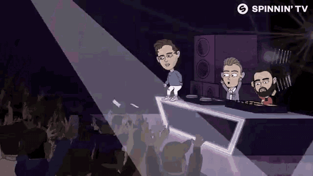 a cartoon of a man standing on a stage in front of a crowd with the words spinnin ' tv on the bottom